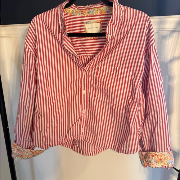 American Eagle 100% cotton Striped Cropped Button-Up Women's Top - Picture 2 of 5